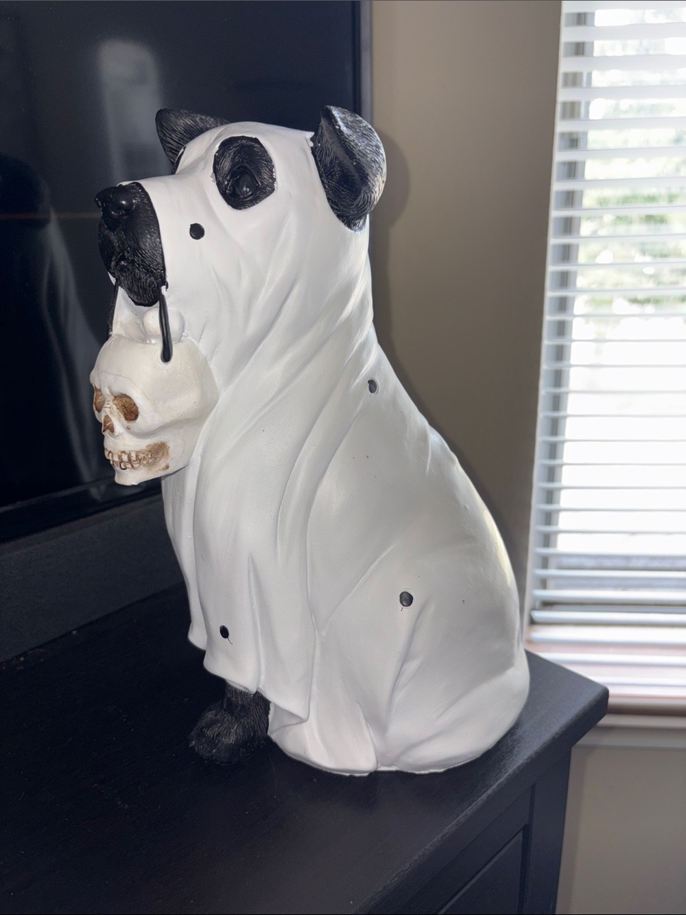 White & Black Ghost Dog Ceramic Sculpture with Skull Accent - Picture 2 of 10